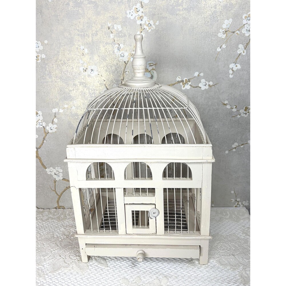 Vintage Off White Wood Wireframe Domed Bird Cage Architectural Decor